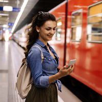 Beautiful woman using her cell phone on subway platform. Transportation Concept.